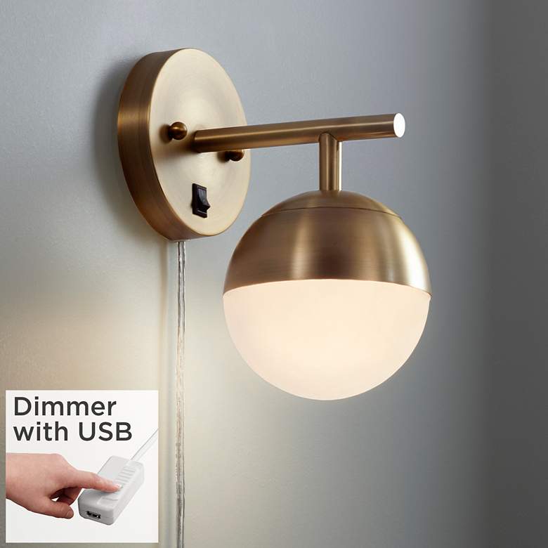 Image 1 Luna Antique Brass Modern Globe Plug-In Wall Lamp with USB Dimmer