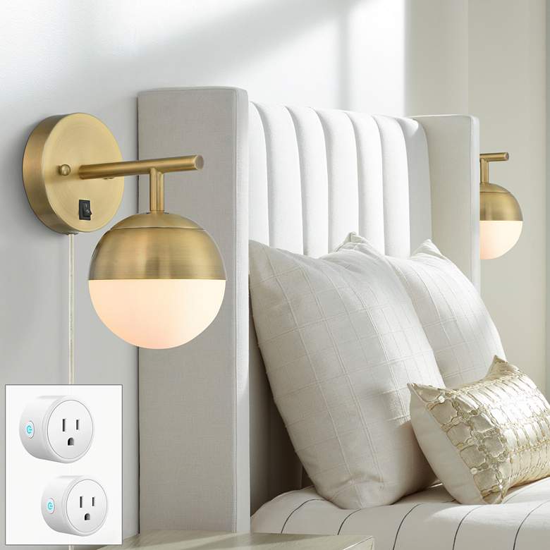 Image 1 Luna Brass Globe Plug-In Wall Lamps Set of 2 w/ Smart Socket