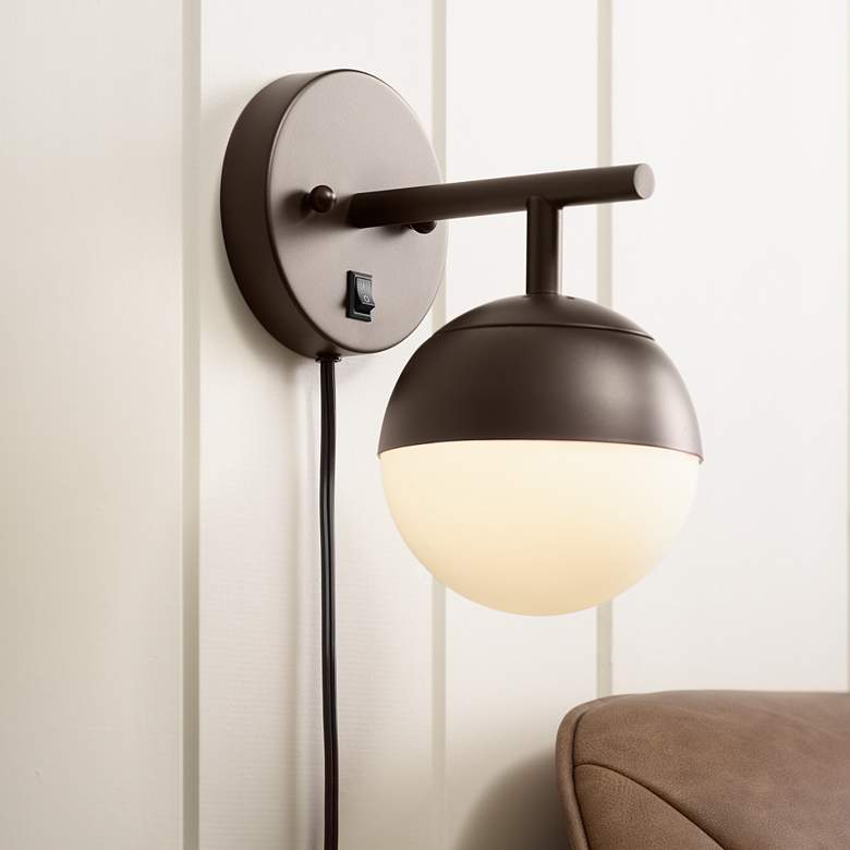 Image 1 Luna Frosted Glass and Bronze Globe Plug-In Wall Lamp