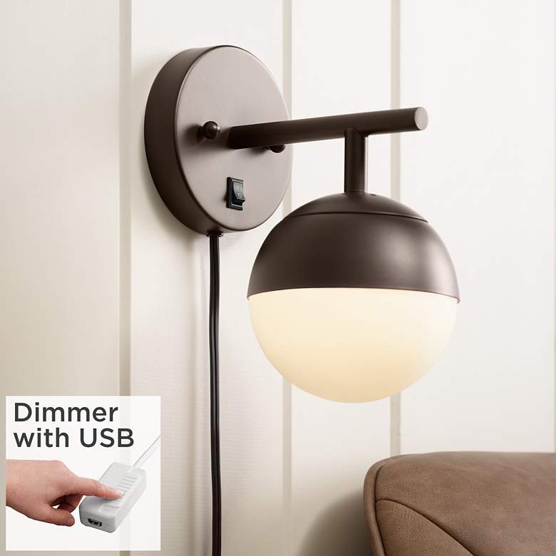 Image 1 Luna Frosted Glass Bronze Globe Plug-In Wall Lamp with USB Dimmer