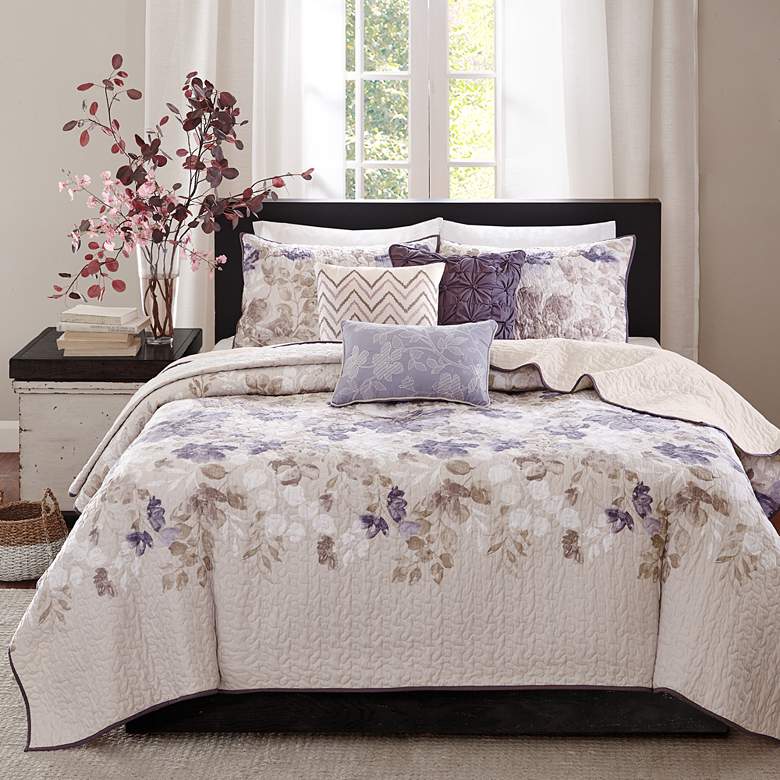 Image 2 Luna Taupe Floral Full/Queen 6-Piece Coverlet Set