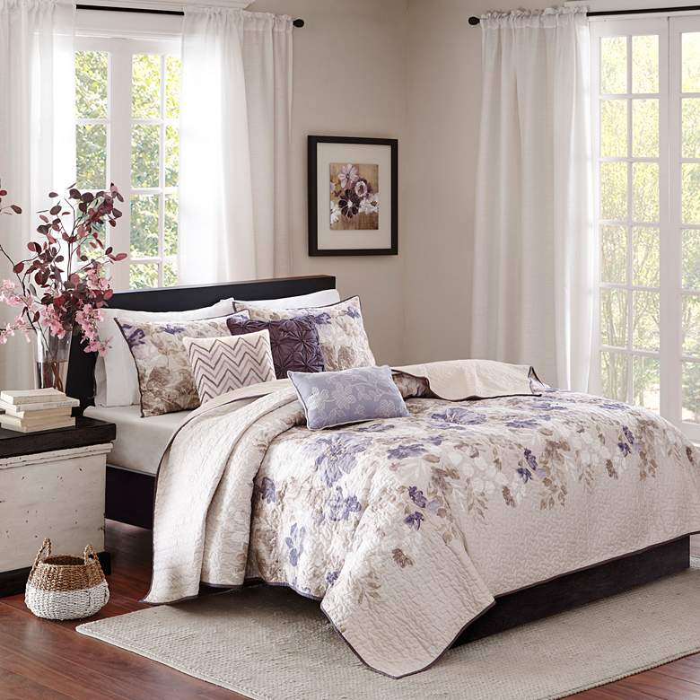 Image 1 Luna Taupe Floral Full/Queen 6-Piece Coverlet Set