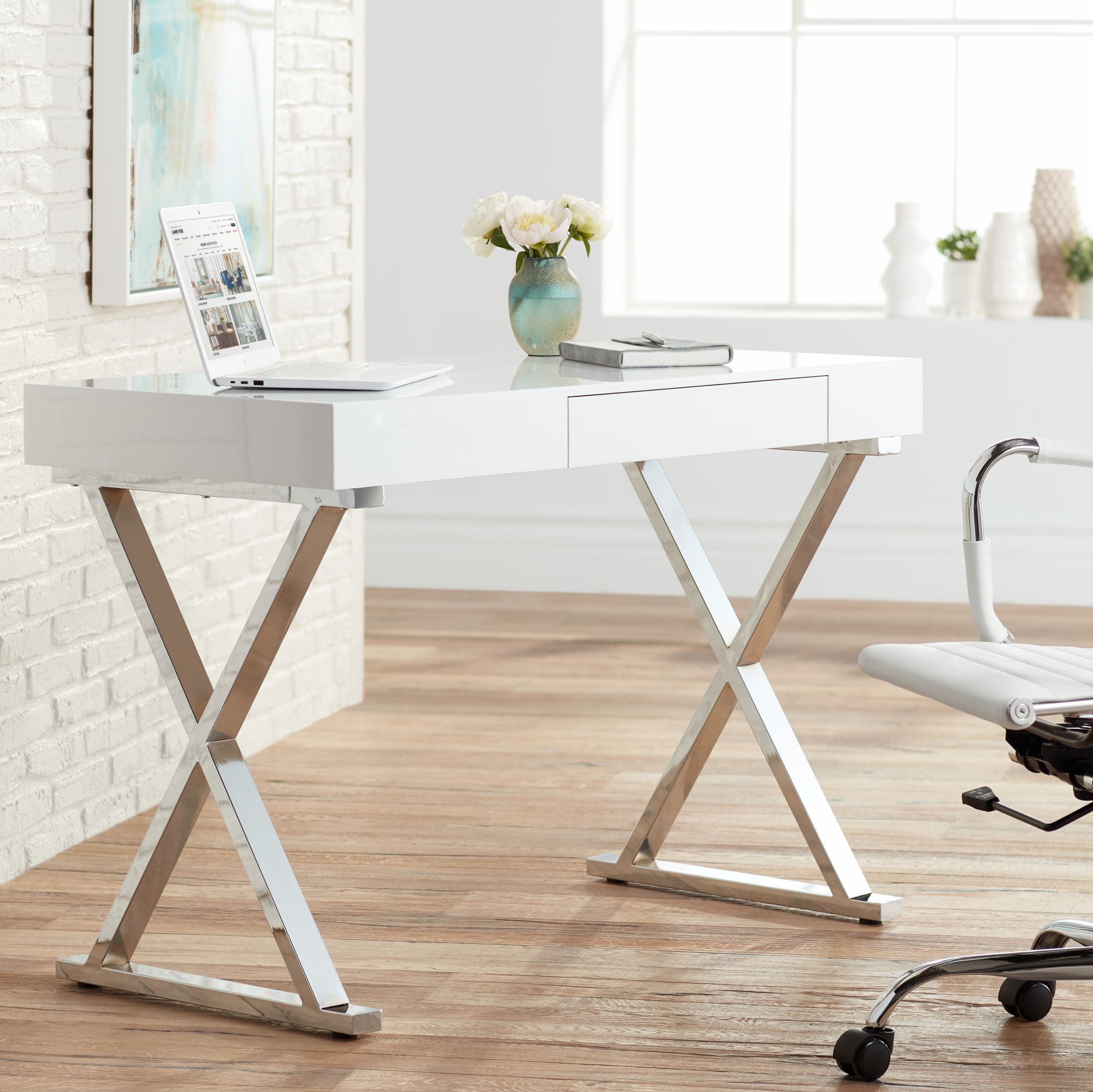 Glossy white deals desk with drawers