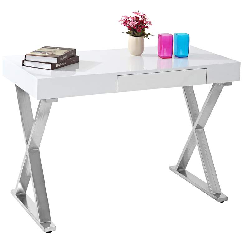 Image 7 Luster 43 1/4" Wide Glossy White and Chrome Modern Desk more views