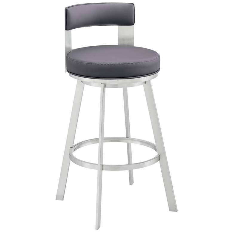 Image 1 Lynof 26 in. Swivel Barstool in Silver Finish with Grey Faux Leather