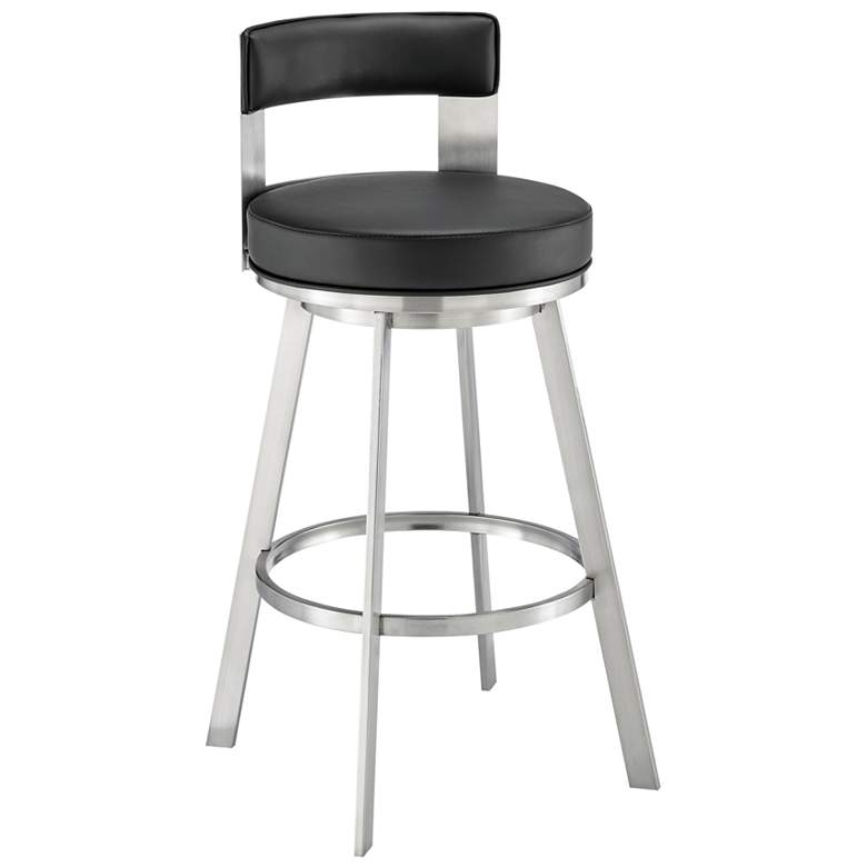 Image 1 Lynof 26 in. Swivel Barstool in Stainless Steel, Black Faux Leather