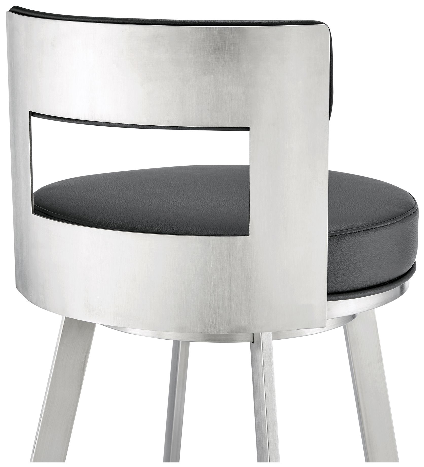 Lynof 26 in. Swivel Barstool in Stainless Steel, Black Faux Leather