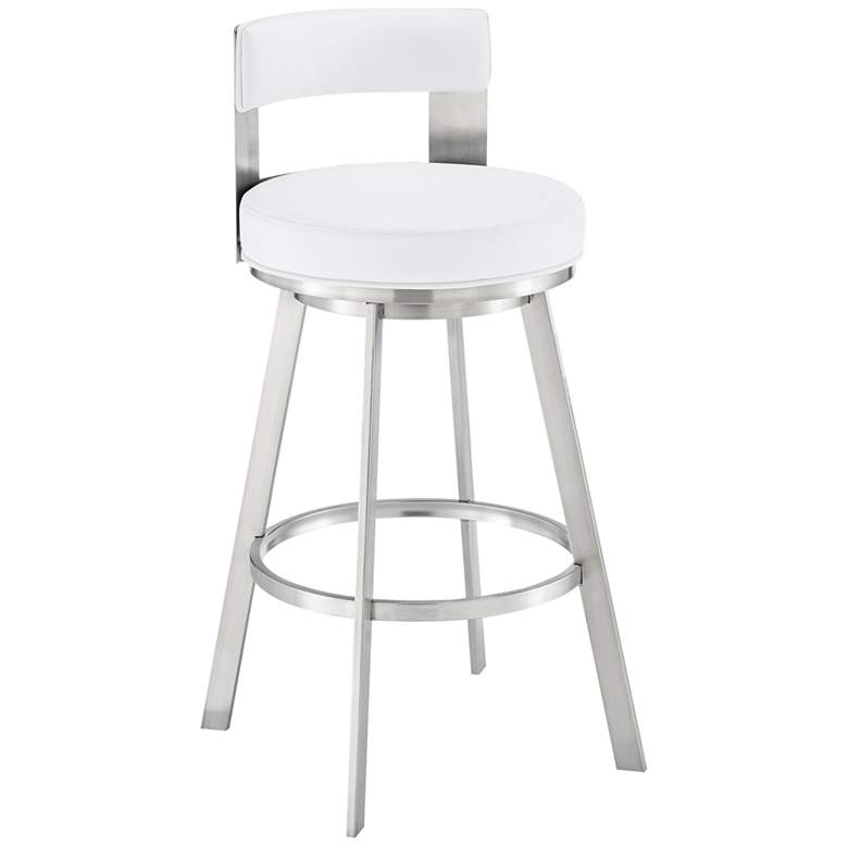 Image 1 Lynof 26 in. Swivel Barstool in Stainless Steel, White Faux Leather