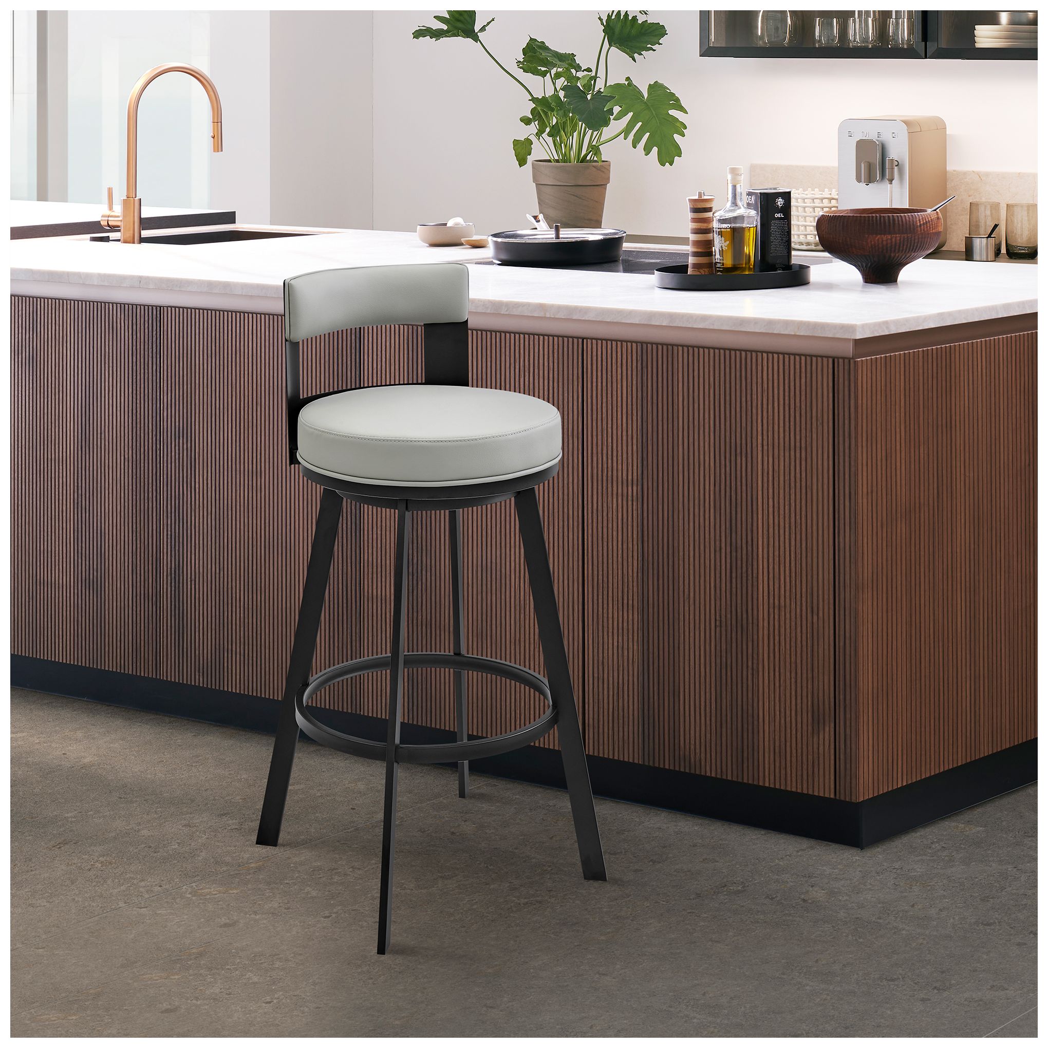 Lynof 30 in. Swivel Barstool in Black Finish with Light Grey Faux Leather