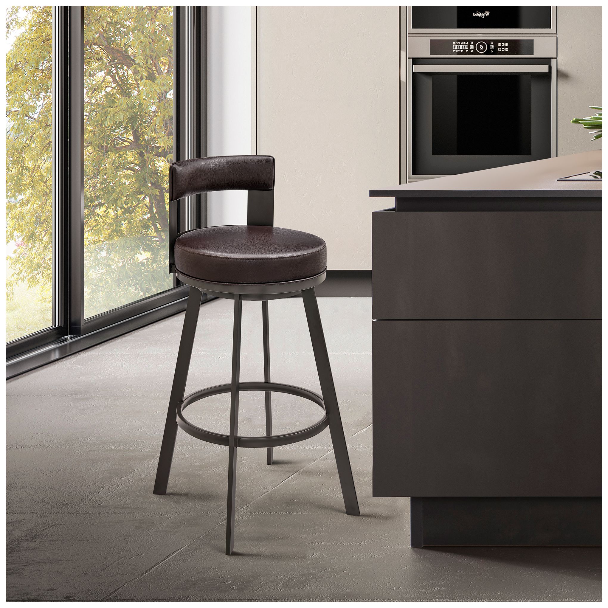 Lynof 30 in. Swivel Barstool in Brown Finish with Brown Faux Leather