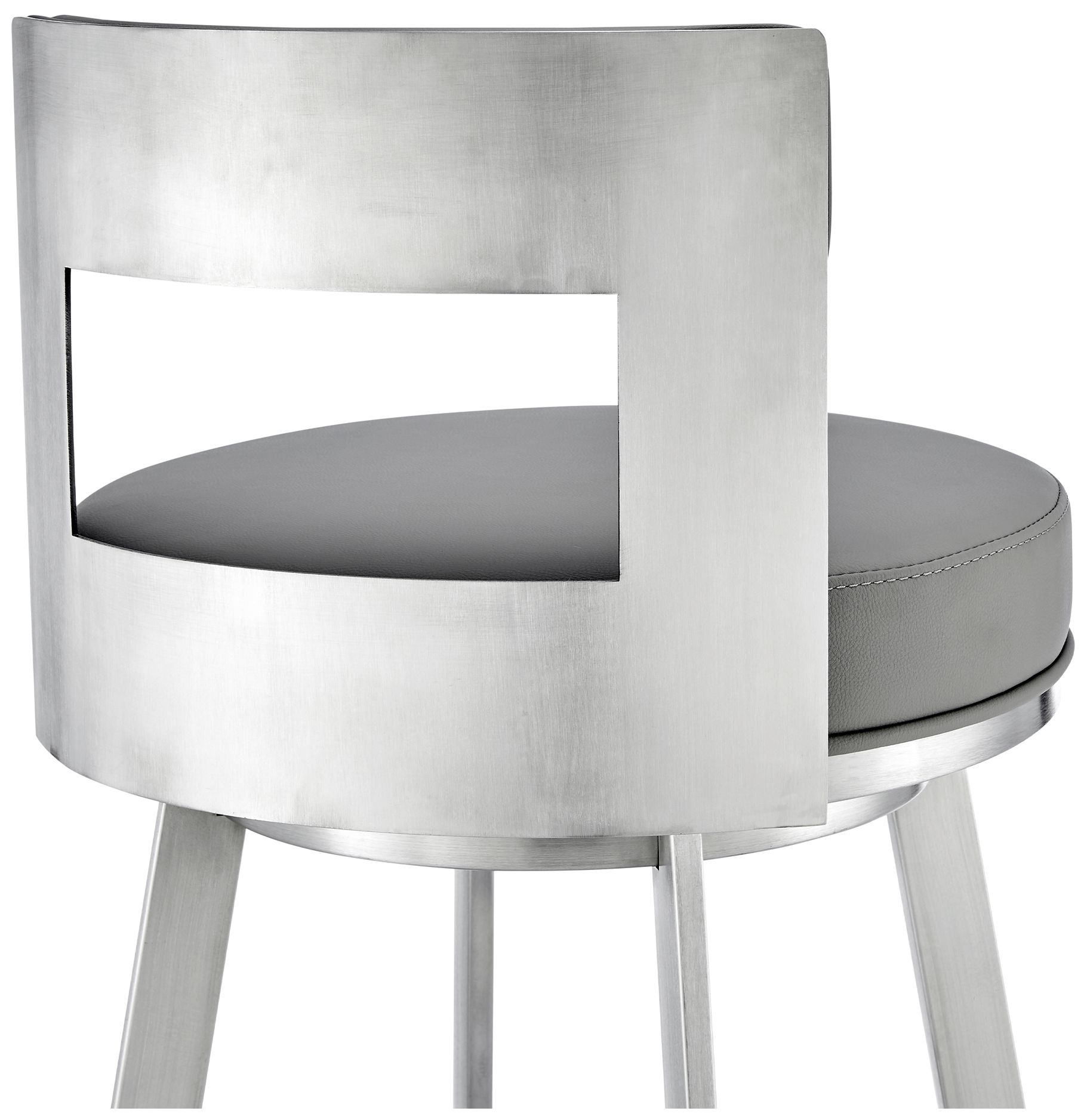 Lynof 30 in. Swivel Barstool in Stainless Steel, Light Grey Faux Leather