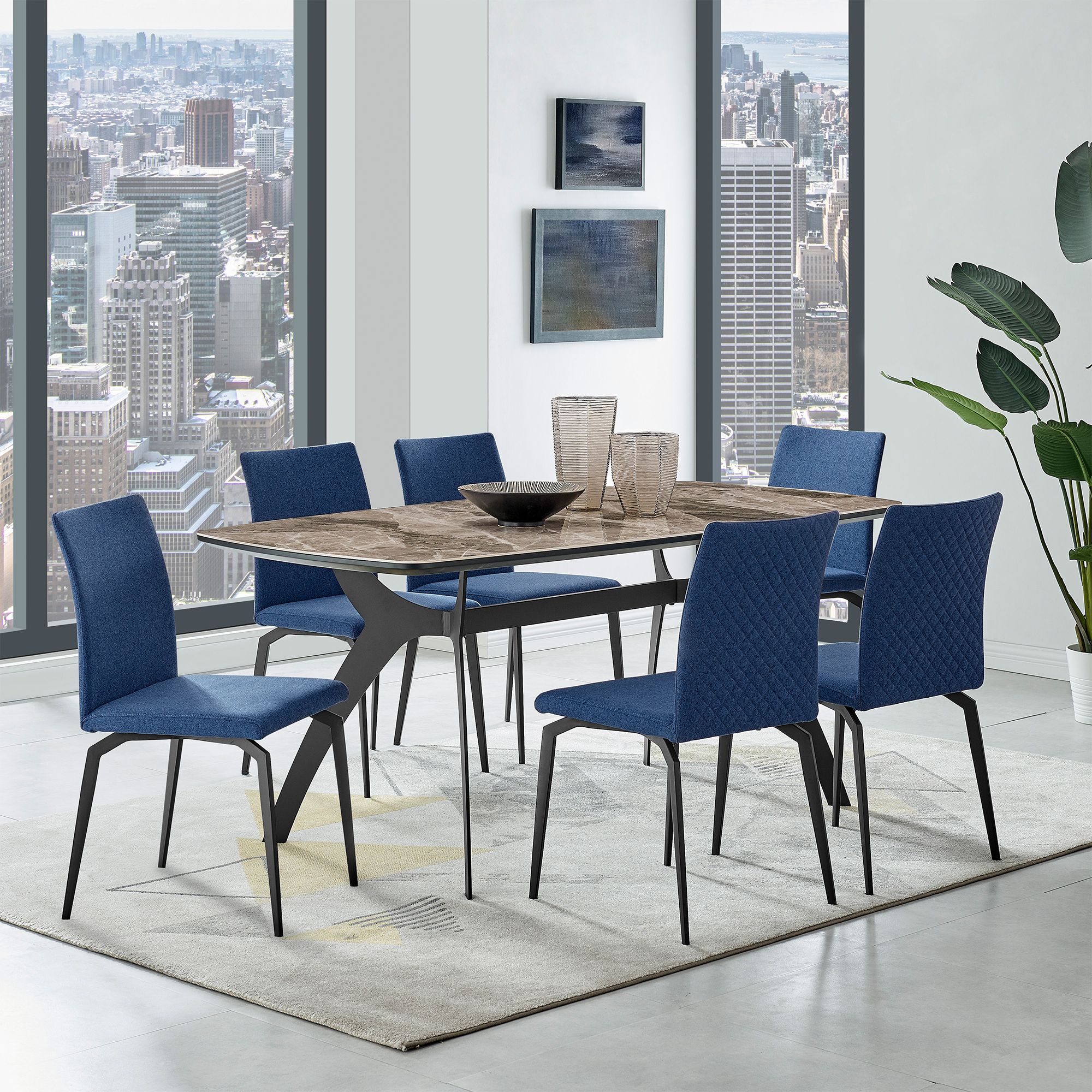 Lyon Set of 2 Dining Chairs in Blue Fabric, Plywood, and Metal