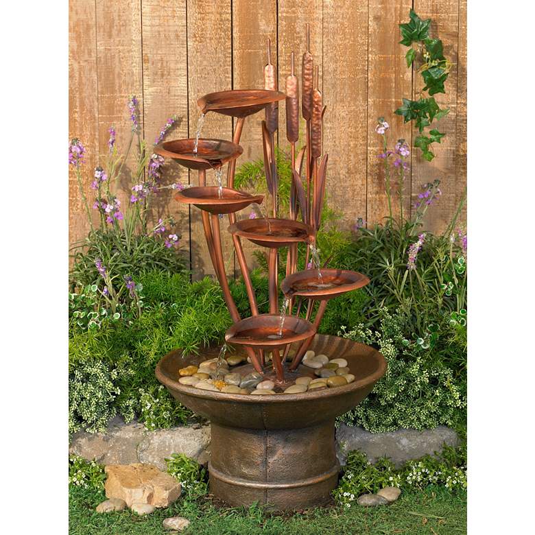 Image 1 Water Lilies and Cat Tails 33 inch High Rustic Garden Fountain in scene