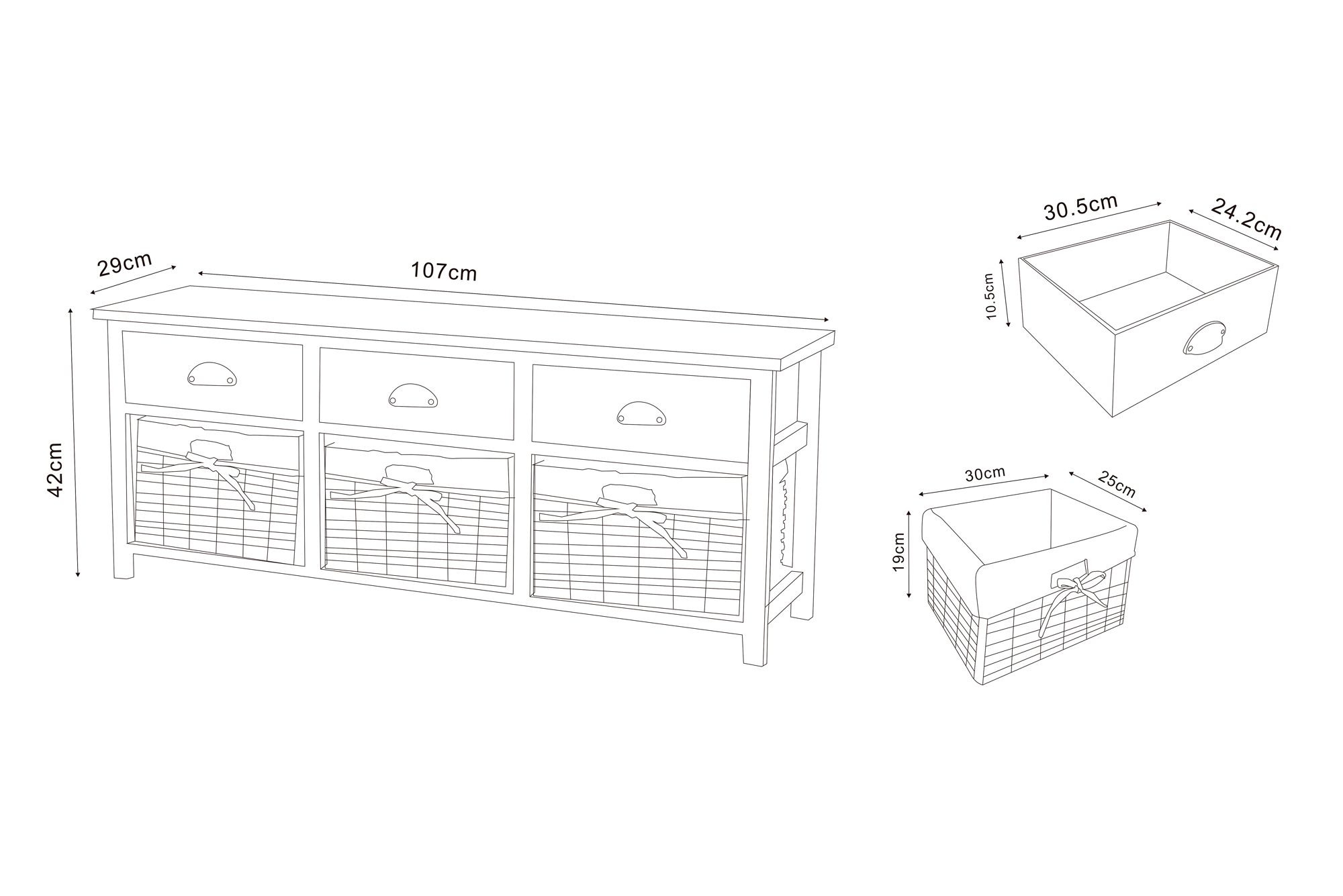 Mabyn Natural Brown 3-Drawer Storage Bench with Baskets