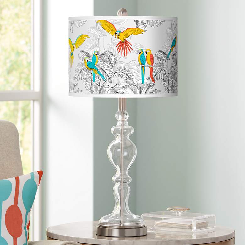 Image 1 Macaw Jungle Giclee Apothecary Clear Glass Table Lamp