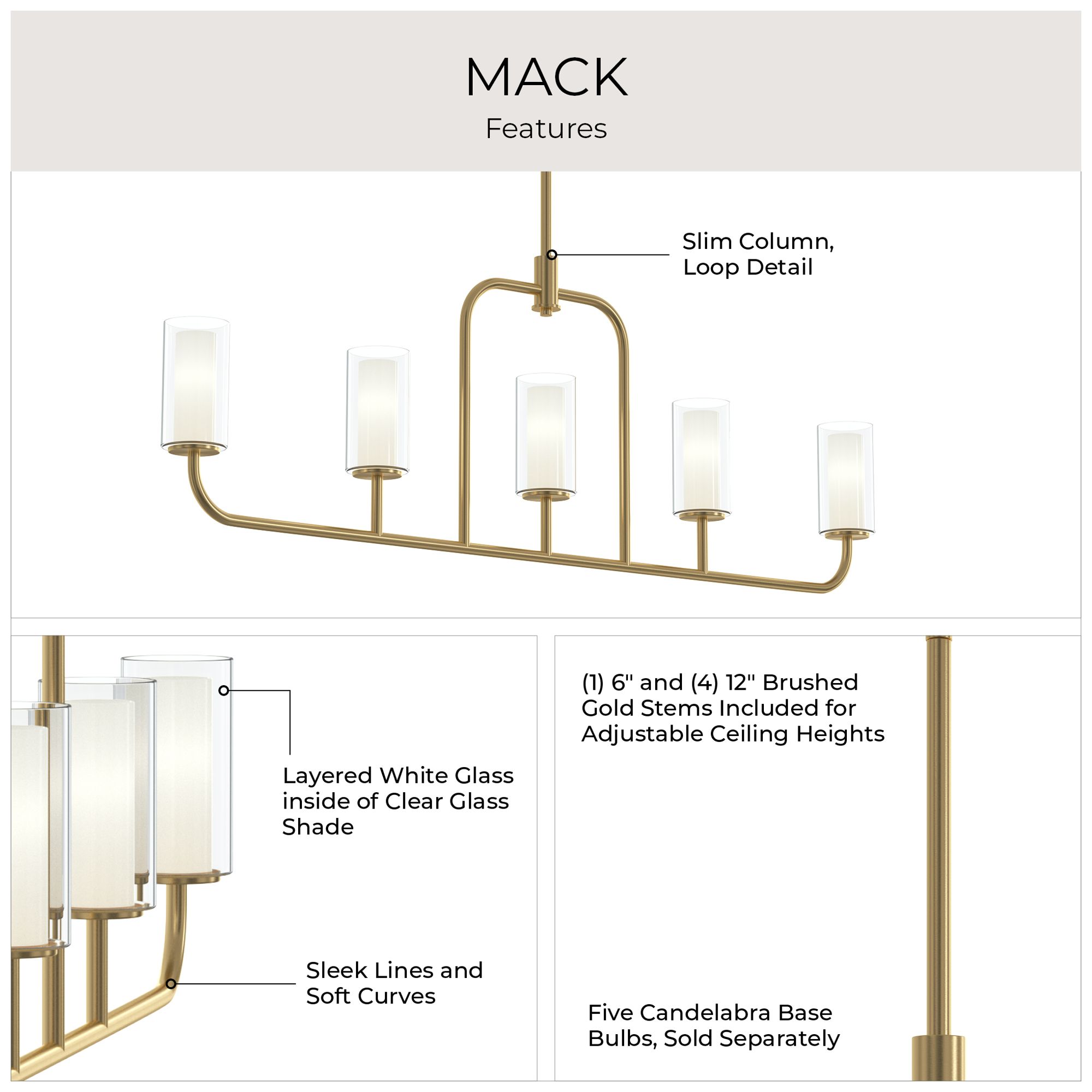 Mack Five-Light Linear Chandelier with Layered Glass Shades