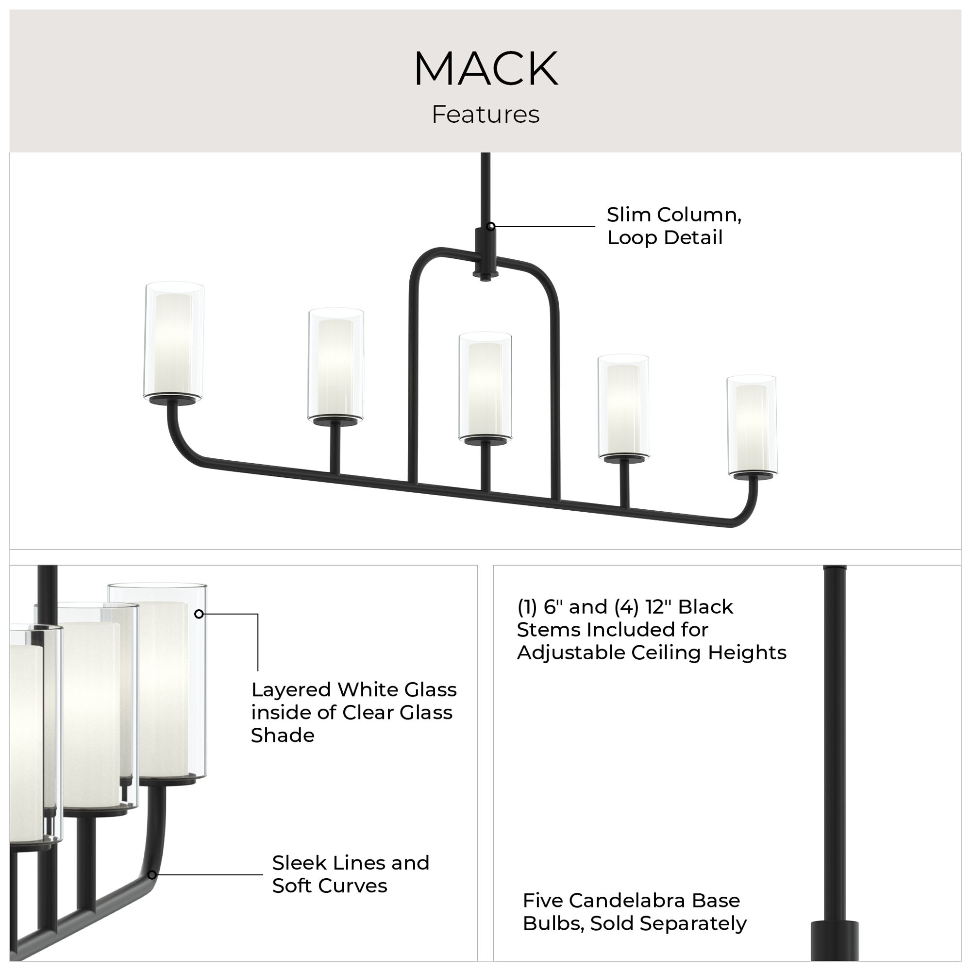 Mack Five-Light Linear Chandelier with Layered Glass Shades