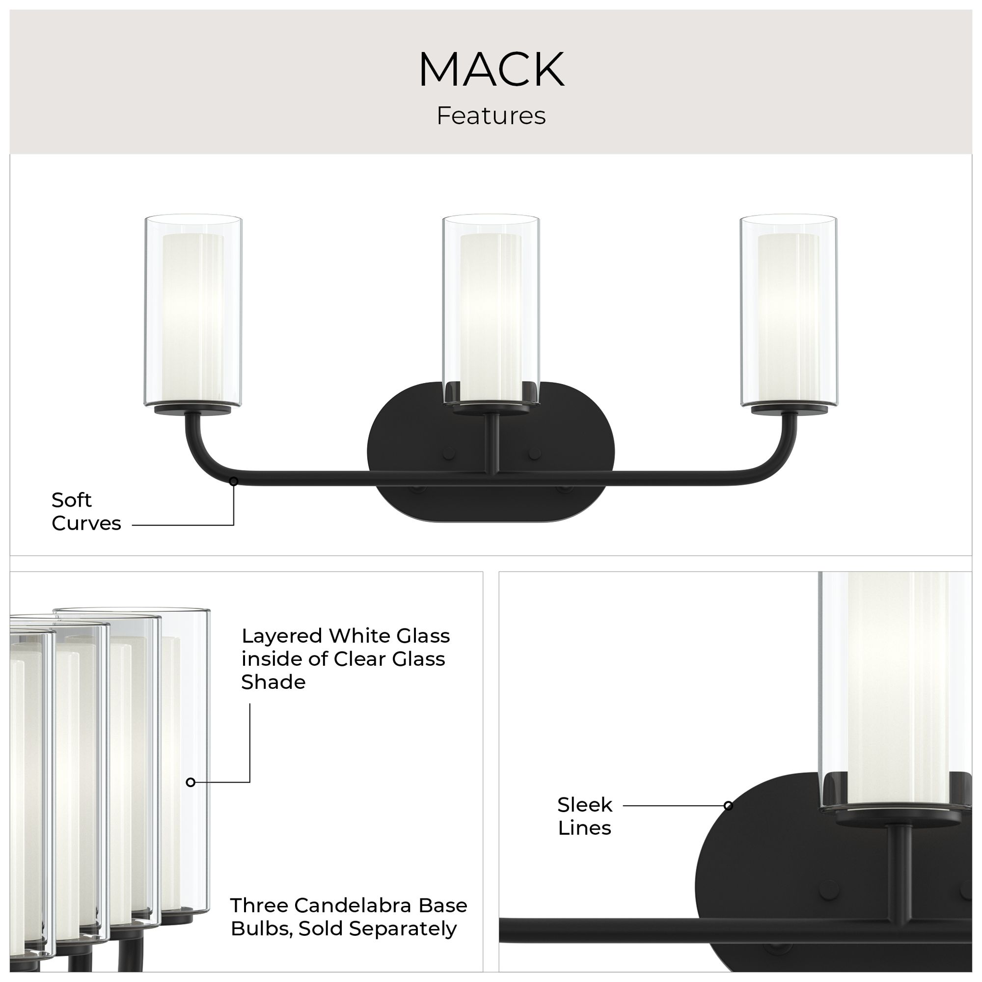 Mack Three-Light Vanity Light with Layered Glass Shades