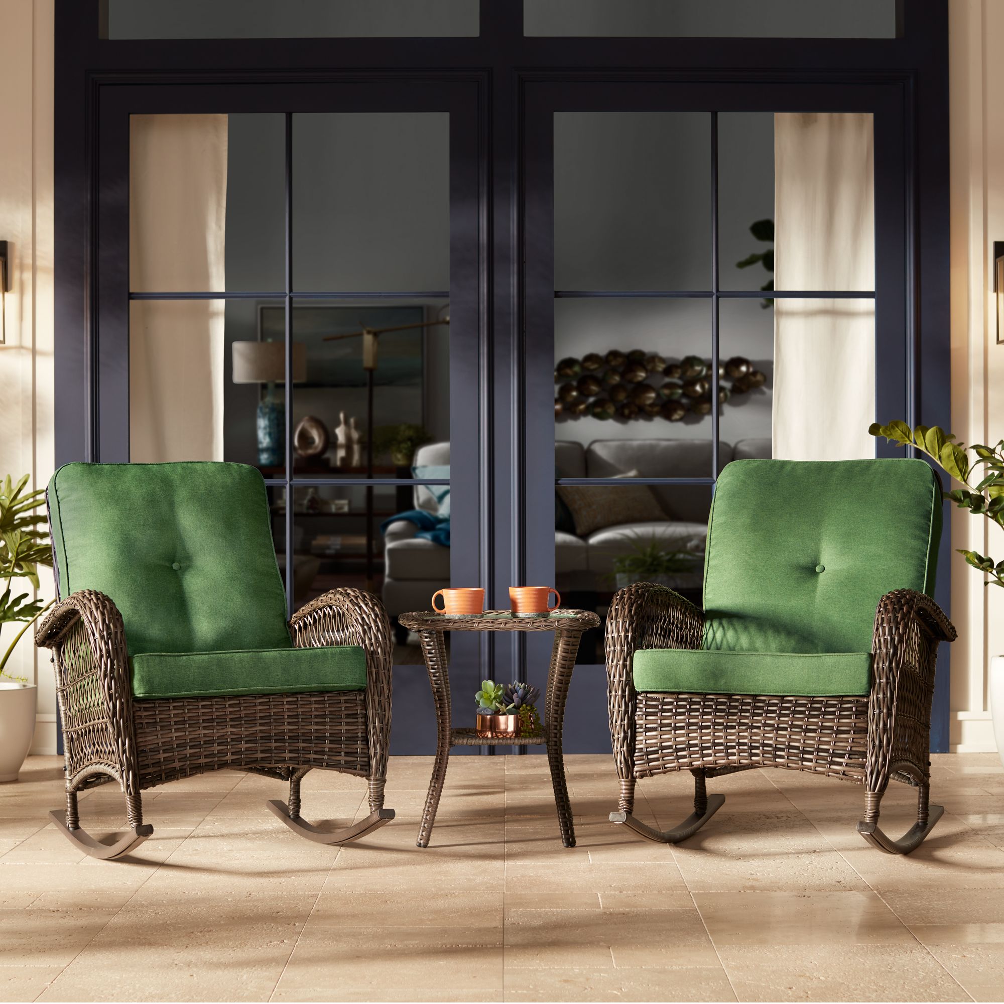 Madden 3 Piece Green and Rattan Outdoor Rocking Chair Set With Coffee Table