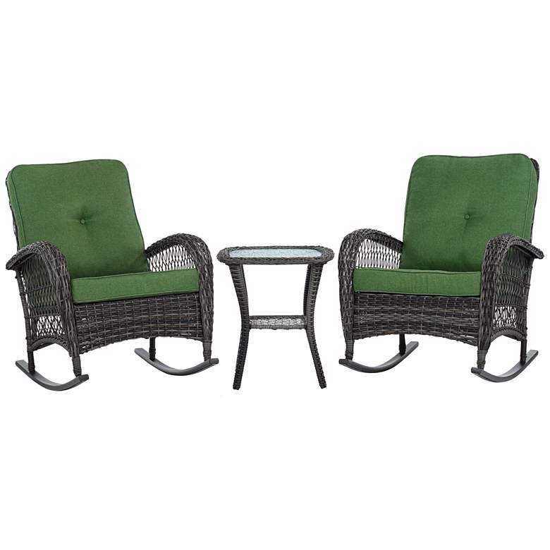 Image 2 Madden 3-Piece Rattan Outdoor Green Rocking Chair Set With Coffee Table