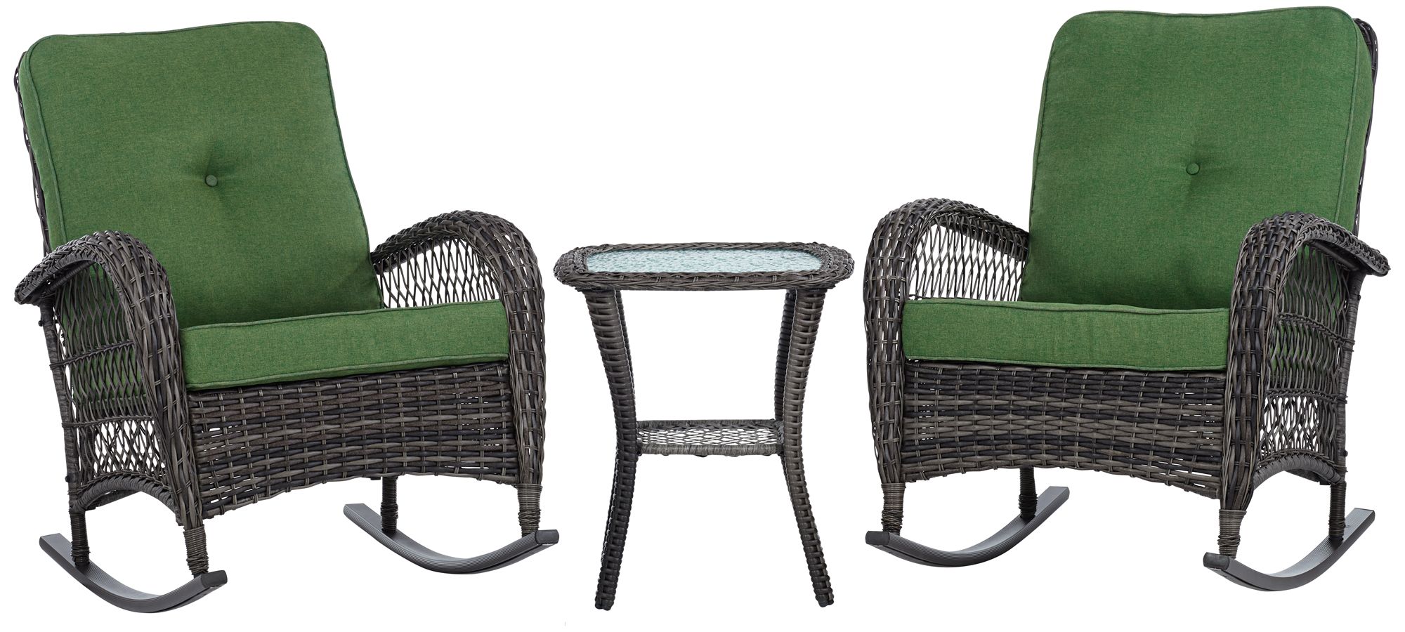 Image 2 Madden 3-Piece Rattan Outdoor Green Rocking Chair Set With Occasional Table