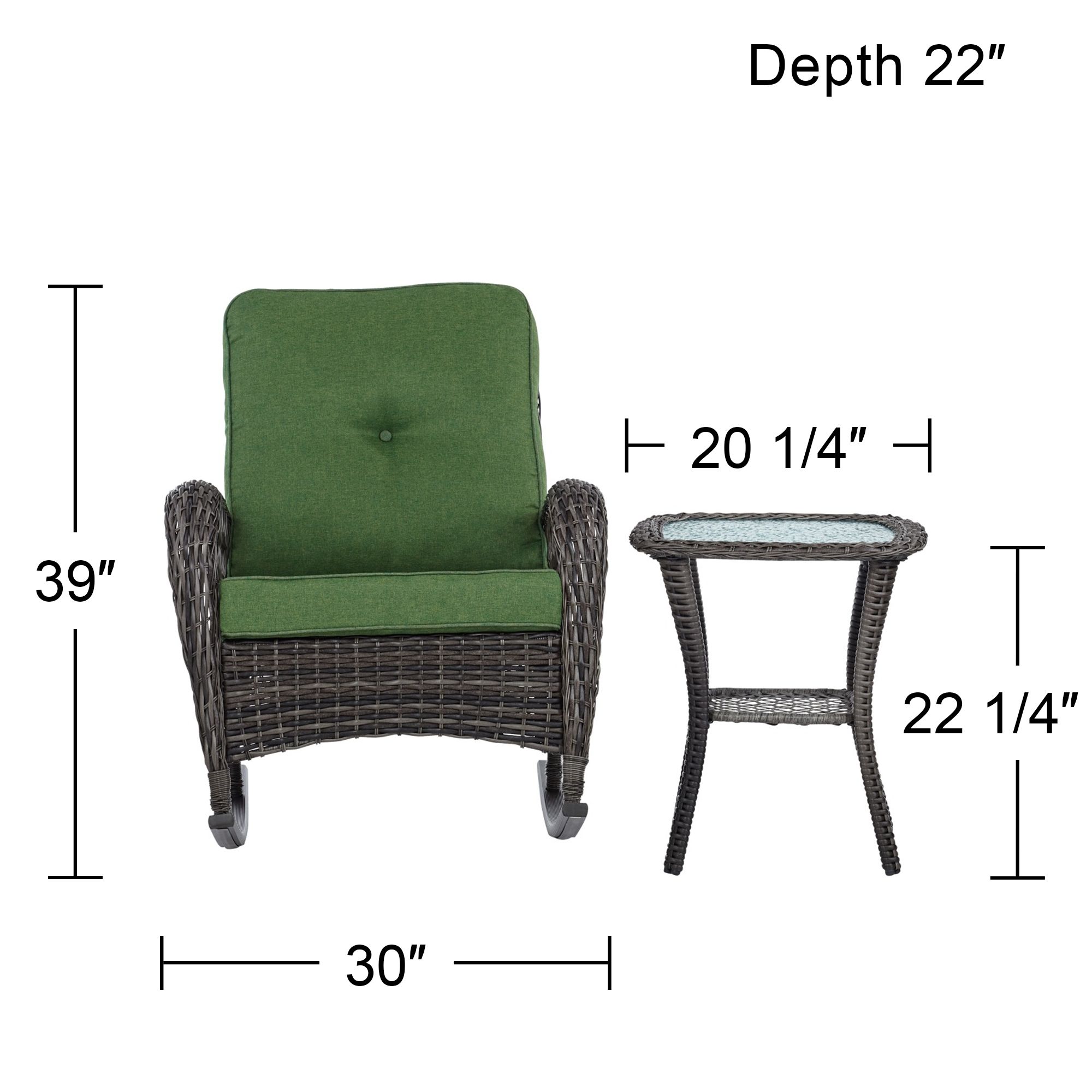 Madden 3-Piece Rattan Outdoor Green Rocking Chair Set With Occasional Table