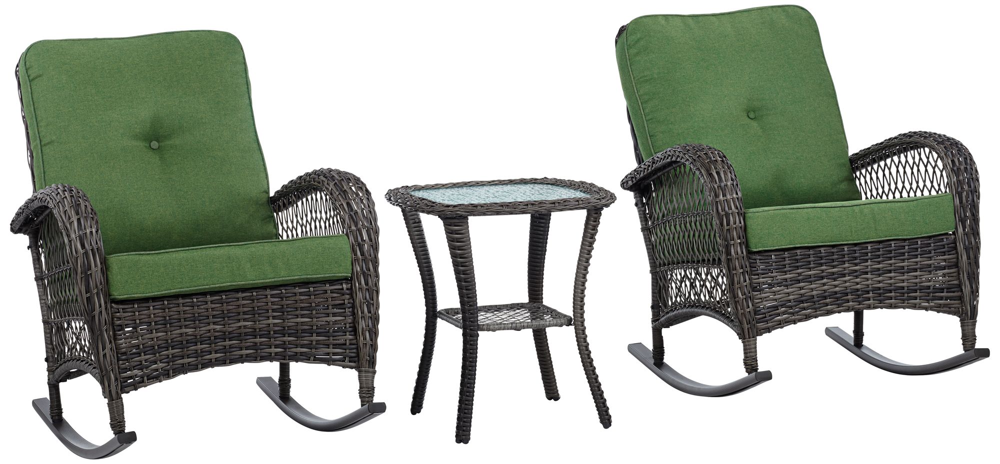 Madden 3-Piece Rattan Outdoor Green Rocking Chair Set With Occasional Table