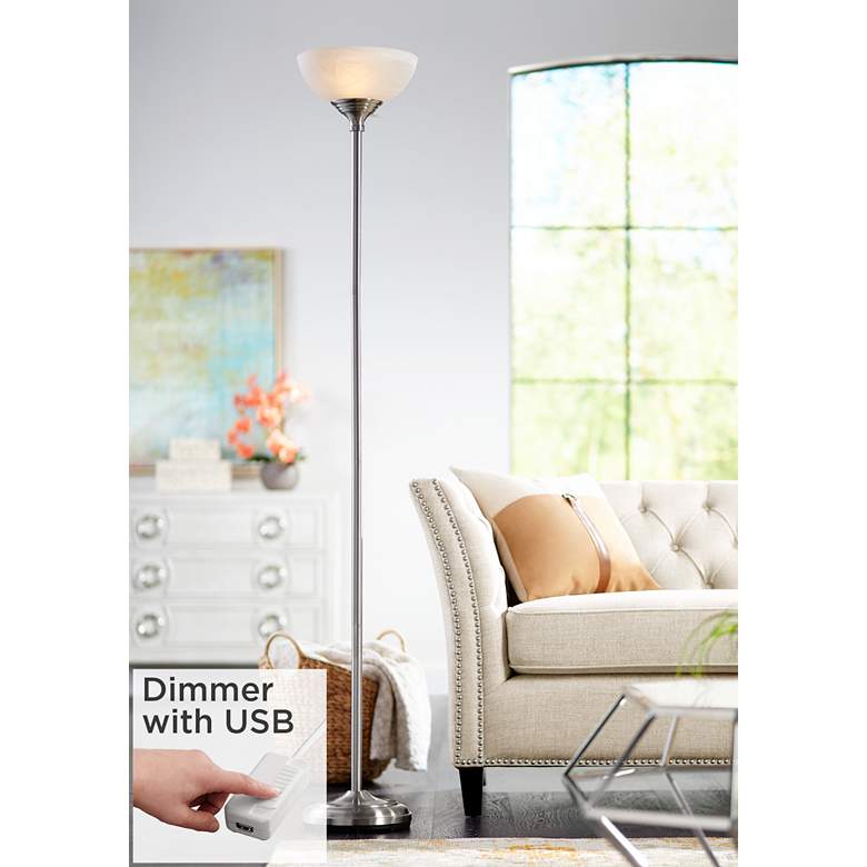 Image 1 Maddox Satin Nickel Torchiere Floor Lamp with USB Dimmer