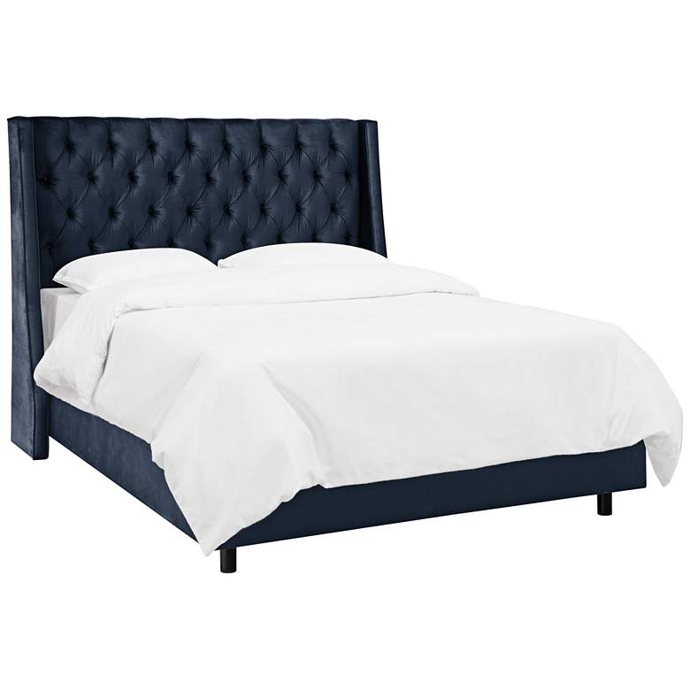 Image 1 Madeline Majestic Navy Fabric Tufted Wingback Queen Bed