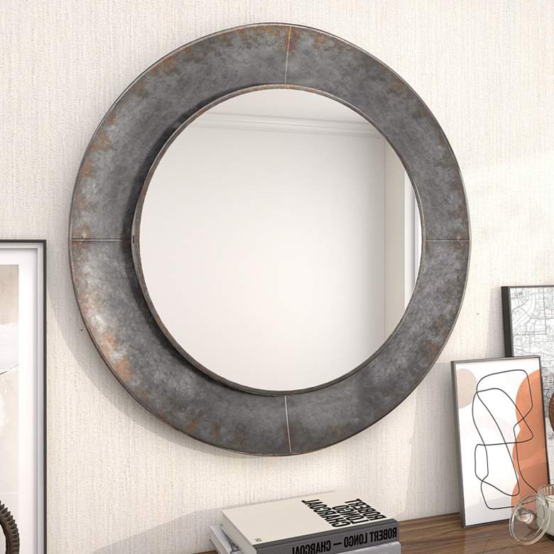 Image 2 Madigan Matte Gray Metal 35 inch Round Wall Mirror