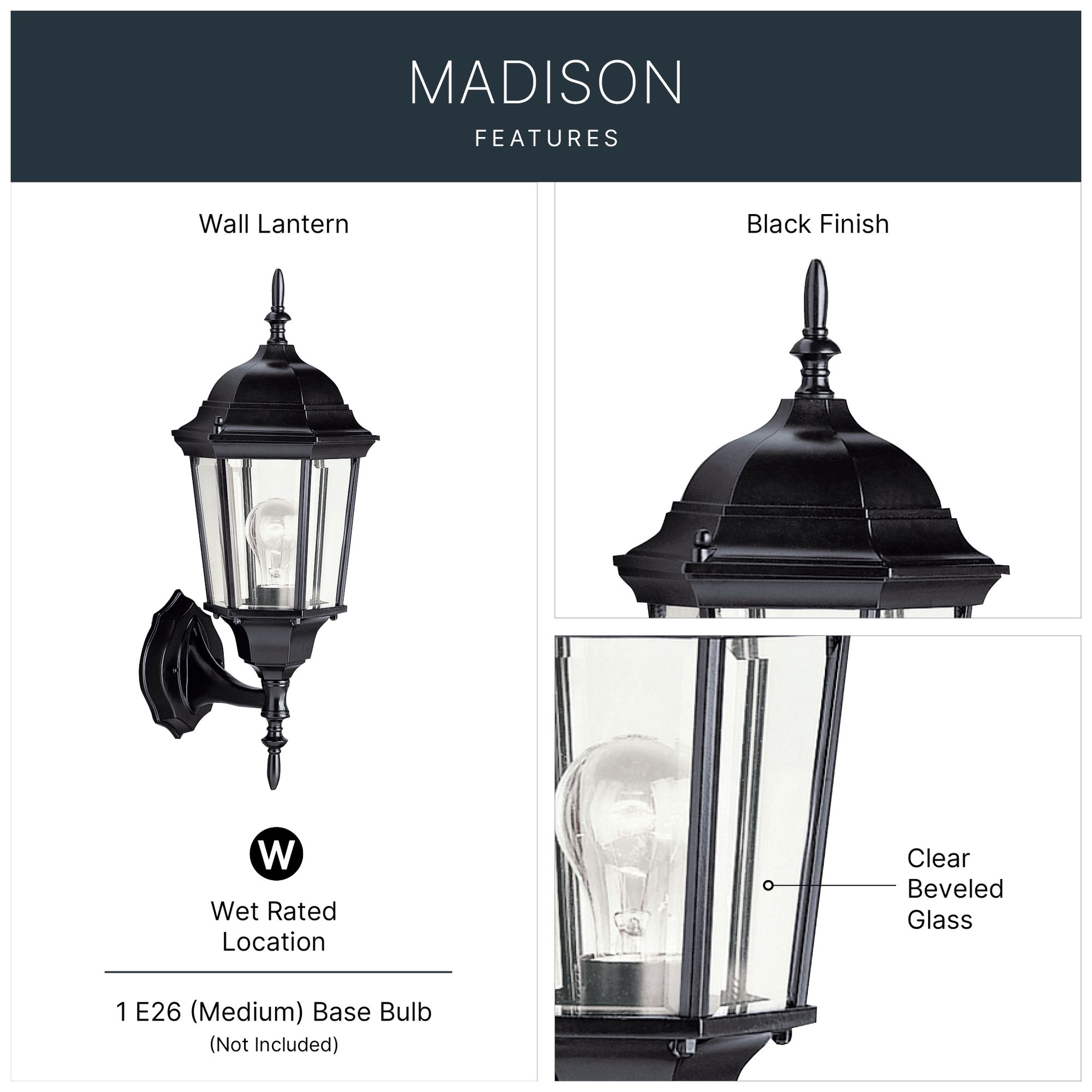 Image 3 Madison 1-Light 22.75-in Black Outdoor Wall Light more views