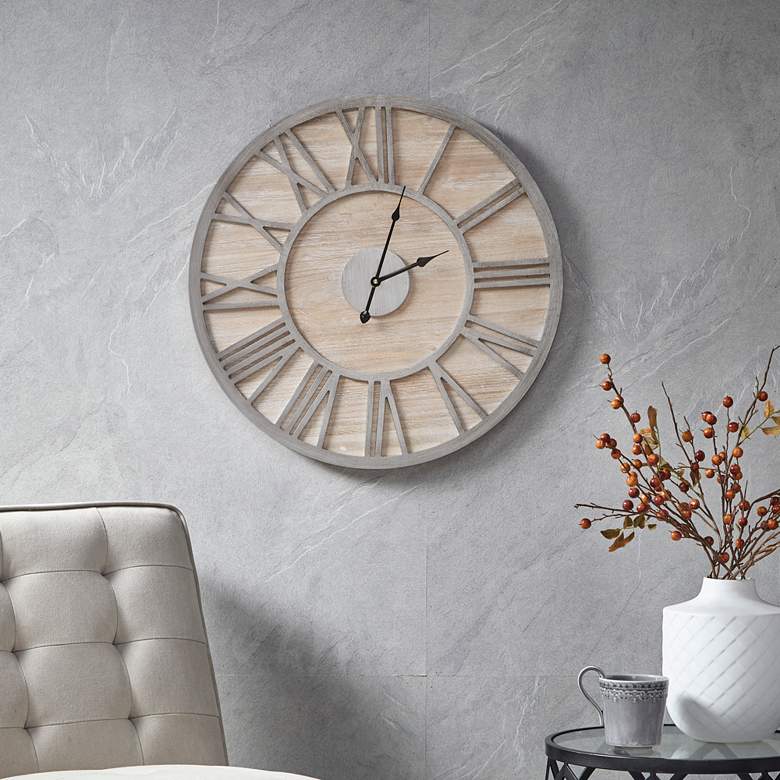 Image 1 Madison Park Mason 23 1/2" Round Natural Wood Wall Clock