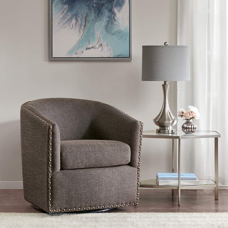 Image 3 Madison Park Tyler 28" Wide Chocolate Woven Fabric Swivel Barrel Chair more views