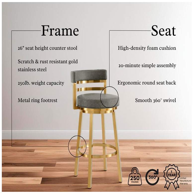 Image 3 Madrid 26 in. Swivel Bar Stool in Steel, and Vintage Gray Faux Leather more views