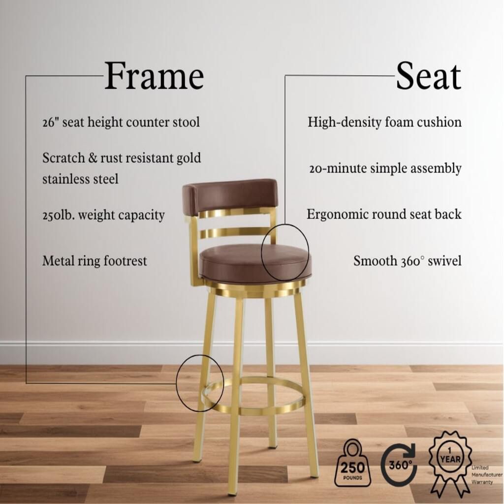 Image 4 Madrid 26 in. Swivel Bar Stool in Steel, Vintage Coffee Faux Leather more views