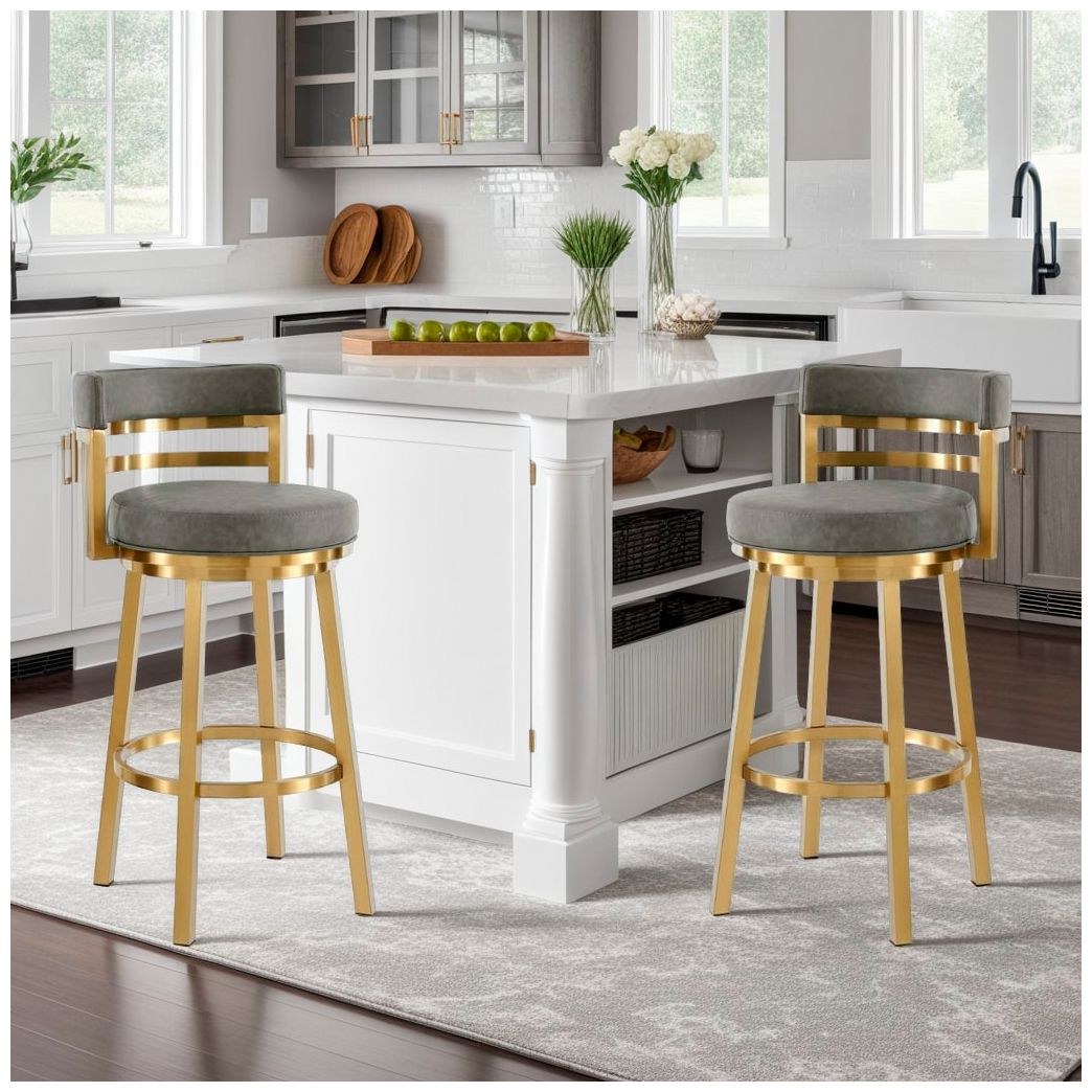 Image 2 Madrid 26" Gray Faux Leather and Gold Swivel Counter Stool more views