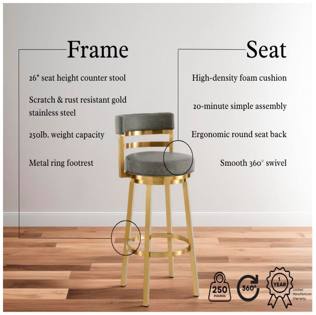 Image 3 Madrid 26" Gray Faux Leather and Gold Swivel Counter Stool more views