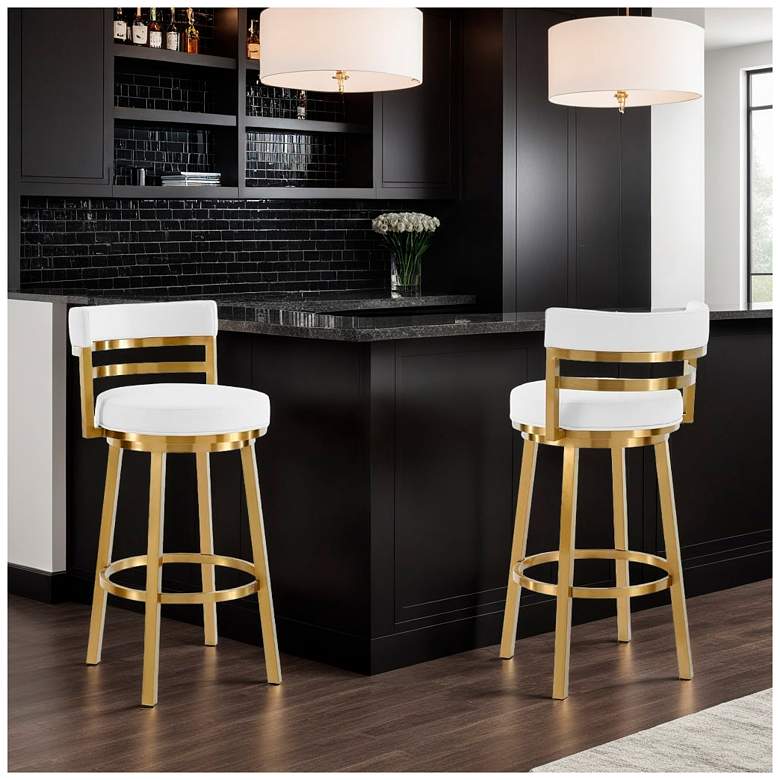Image 2 Madrid 30 in. Swivel Bar Stool in Stainless Steel, White Faux Leather more views