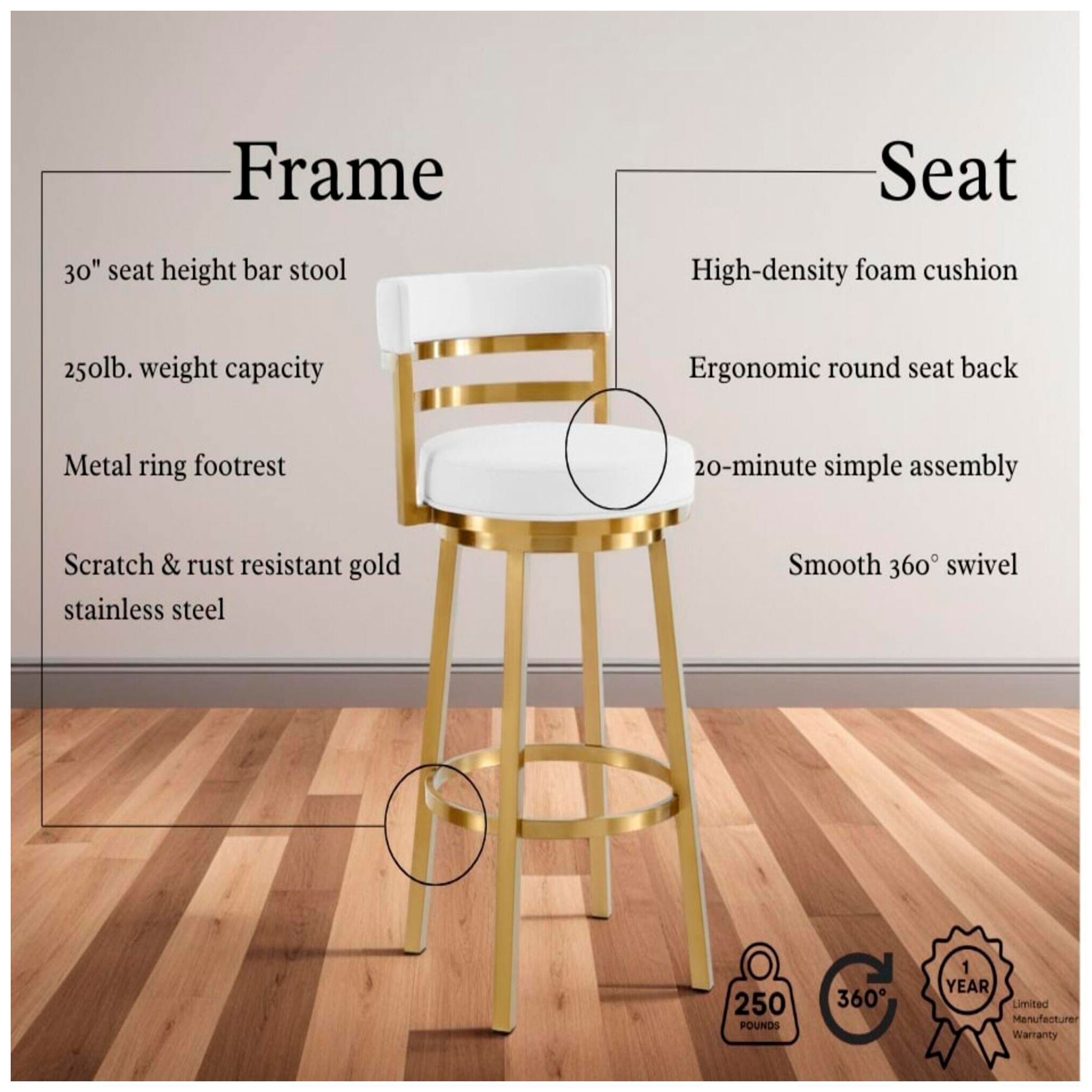 Image 3 Madrid 30" White Faux Leather and Gold Swivel Bar Stool more views