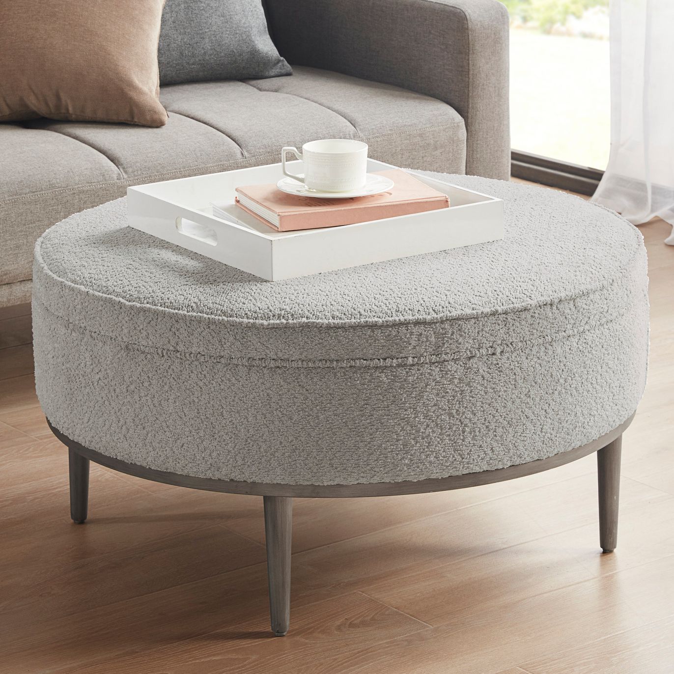 Madrona 24 W Gray Fabric Round Cocktail Ottoman Coffee Table 431N8 Lamps Plus