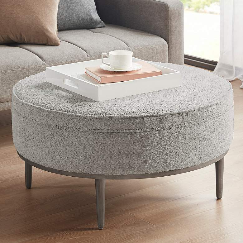 Image 1 Madrona 24"W Gray Fabric Round Cocktail Ottoman/Coffee Table