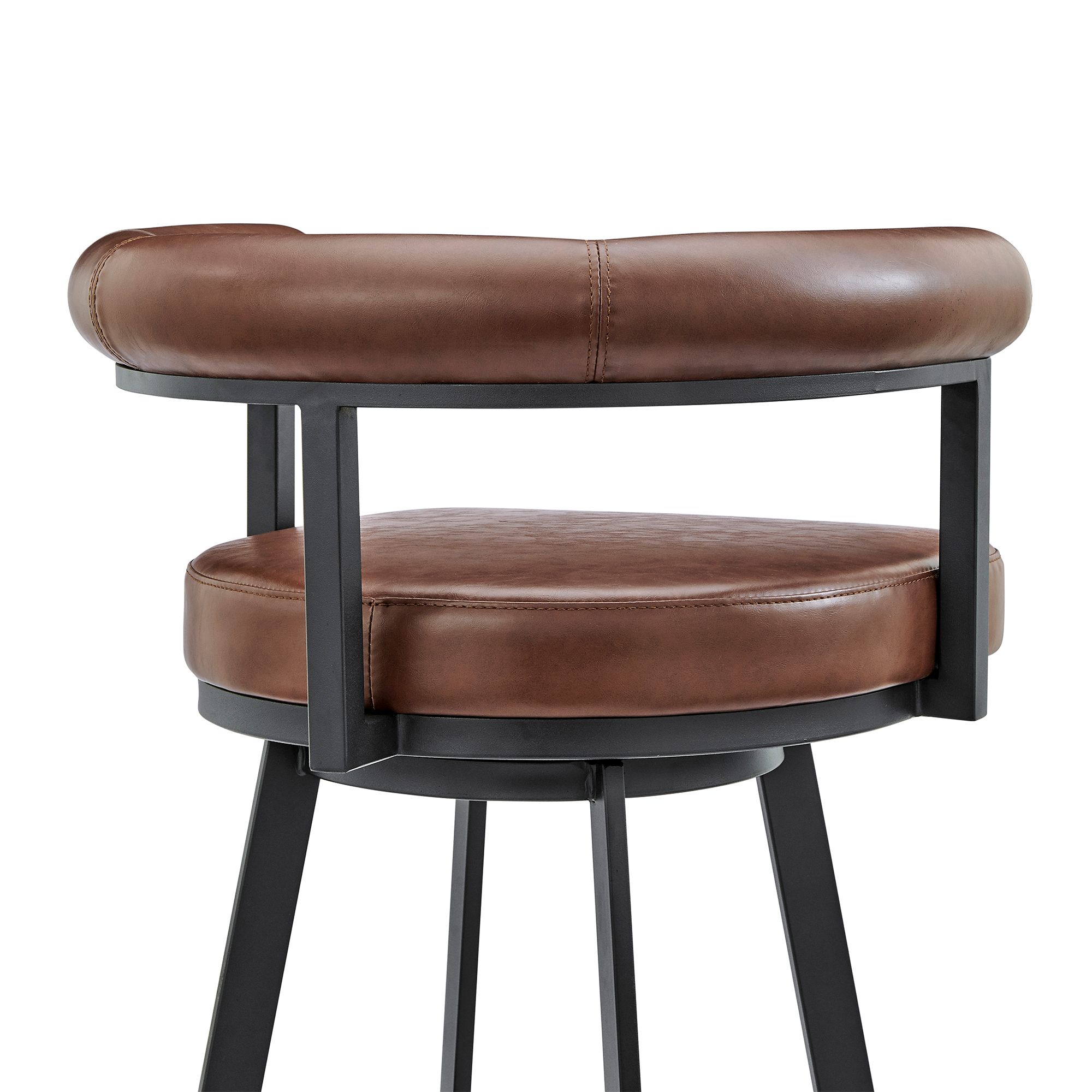 Magnolia 26 in. Swivel Barstool in Brown Faux Leather, Black Metal