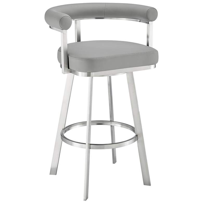 Image 1 Magnolia 26 in. Swivel Barstool in Light Gray Faux Leather, Stainless Steel