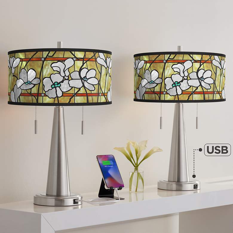 Image 1 Magnolia Mosaic Vicki Brushed Nickel USB Table Lamps Set of 2