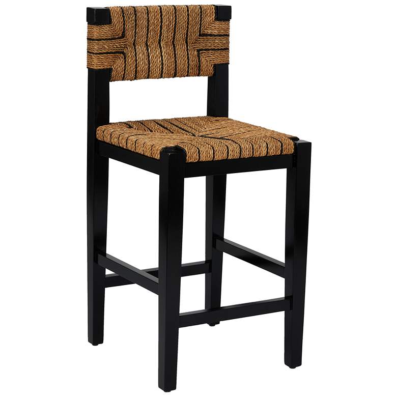 Image 1 Mahogany Wood & Natural Woven Seagrass Rope Counter Height Stool with Back
