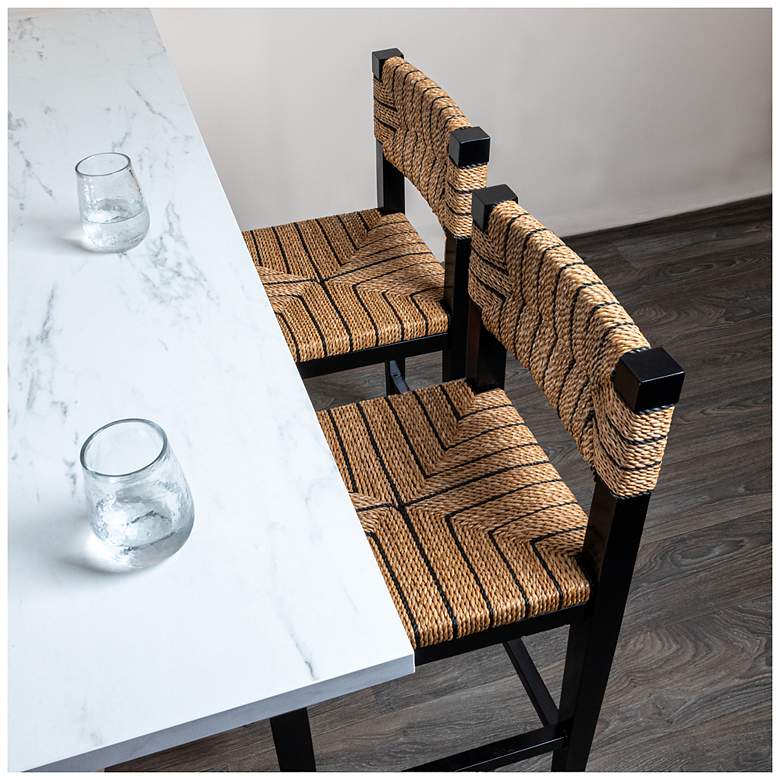 Image 2 Mahogany Wood & Natural Woven Seagrass Rope Counter Height Stool with Back more views
