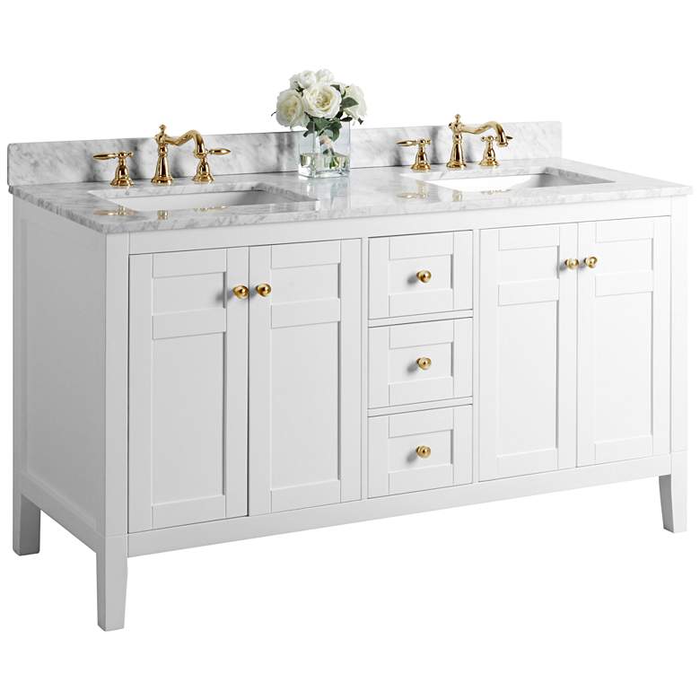 Image 1 Maili 60 inch Wide Gold Hardware White Marble Double Sink Vanity