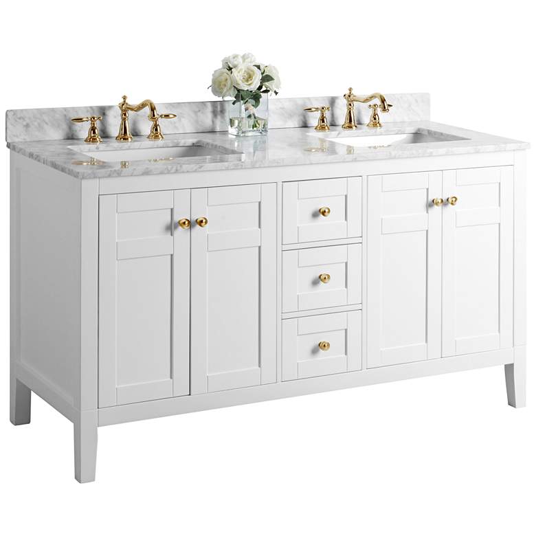 Image 1 Maili 60" Wide Gold Hardware White Marble Double Sink Vanity