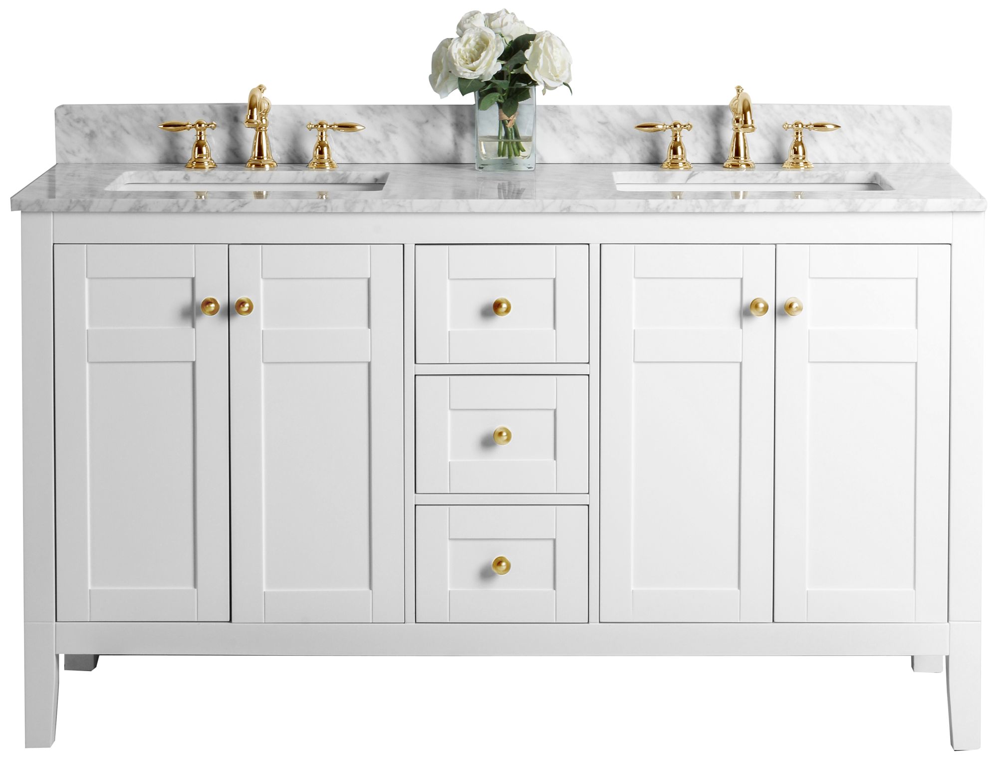 Maili 60" Wide Gold Hardware White Marble Double Sink Vanity - #62X17 ...