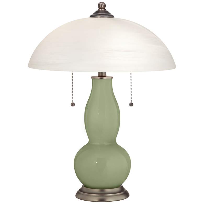 Image 1 Majolica Green Gourd-Shaped Table Lamp with Alabaster Shade